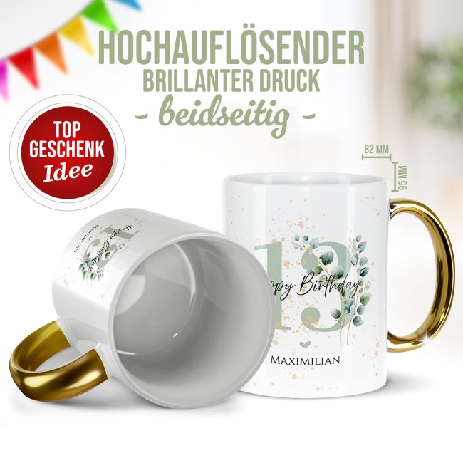Tasse mit Goldhenkel zum 13. Geburtstag - Mit Name - Happy Birthday
