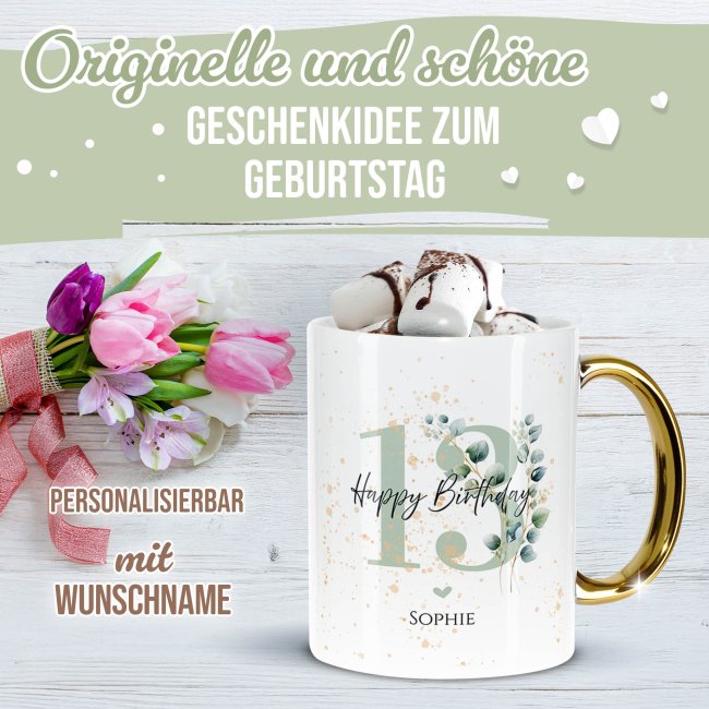 Tasse mit Goldhenkel zum 13. Geburtstag - Mit Name - Happy Birthday