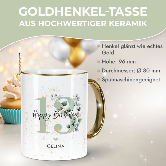 Tasse zum 13. Geburtstag - Mit Name - Happy Birthday - Rand &amp; Henkel Gold