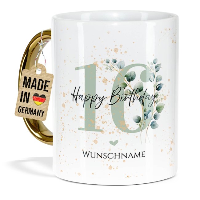 Tasse mit Goldhenkel zum 16. Geburtstag - Mit Name - Happy Birthday