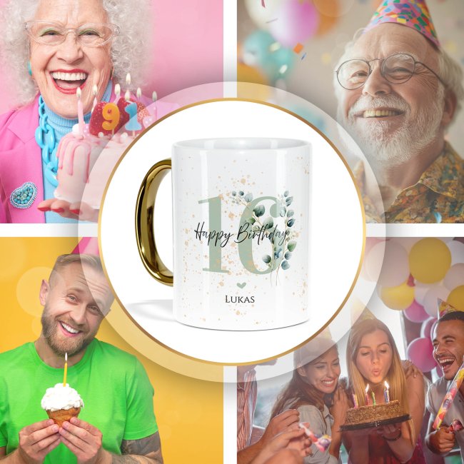 Tasse mit Goldhenkel zum 16. Geburtstag - Mit Name - Happy Birthday