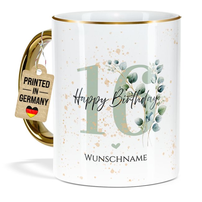 Tasse zum 16. Geburtstag - Mit Name - Happy Birthday - Rand &amp; Henkel Gold