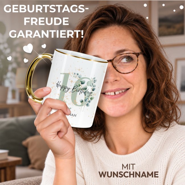 Tasse zum 16. Geburtstag - Mit Name - Happy Birthday - Rand &amp; Henkel Gold
