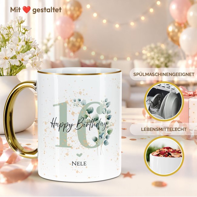 Tasse zum 16. Geburtstag - Mit Name - Happy Birthday - Rand &amp; Henkel Gold