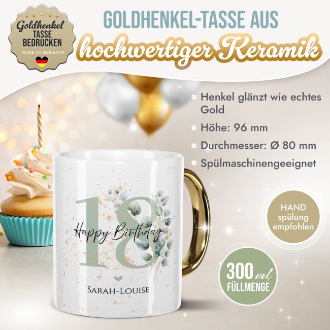 Tasse mit Goldhenkel zum 18. Geburtstag - Mit Name - Happy Birthday