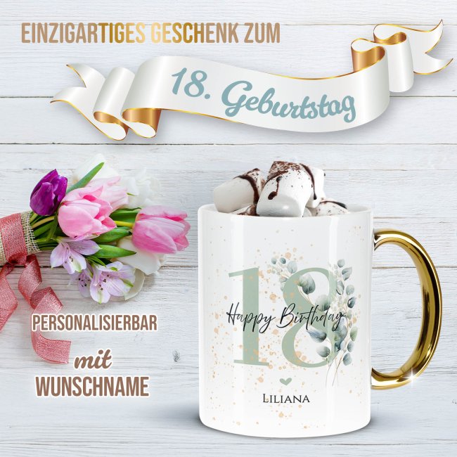 Tasse mit Goldhenkel zum 18. Geburtstag - Mit Name - Happy Birthday