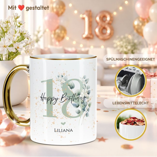 Tasse mit Goldhenkel zum 18. Geburtstag - Mit Name - Happy Birthday