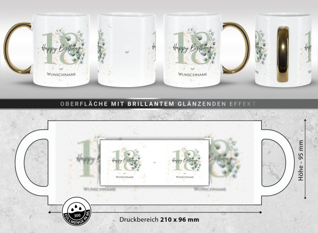 Tasse mit Goldhenkel zum 18. Geburtstag - Mit Name - Happy Birthday