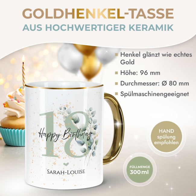 Tasse zum 18. Geburtstag - Mit Name - Happy Birthday - Rand &amp; Henkel Gold