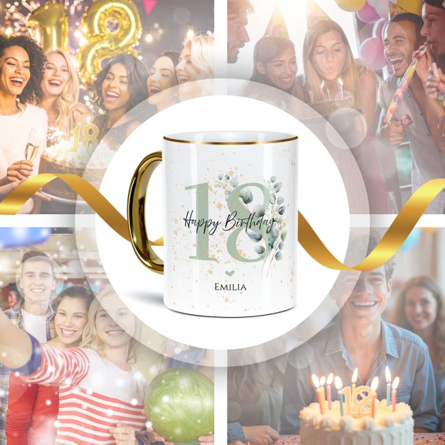Tasse zum 18. Geburtstag - Mit Name - Happy Birthday - Rand &amp; Henkel Gold