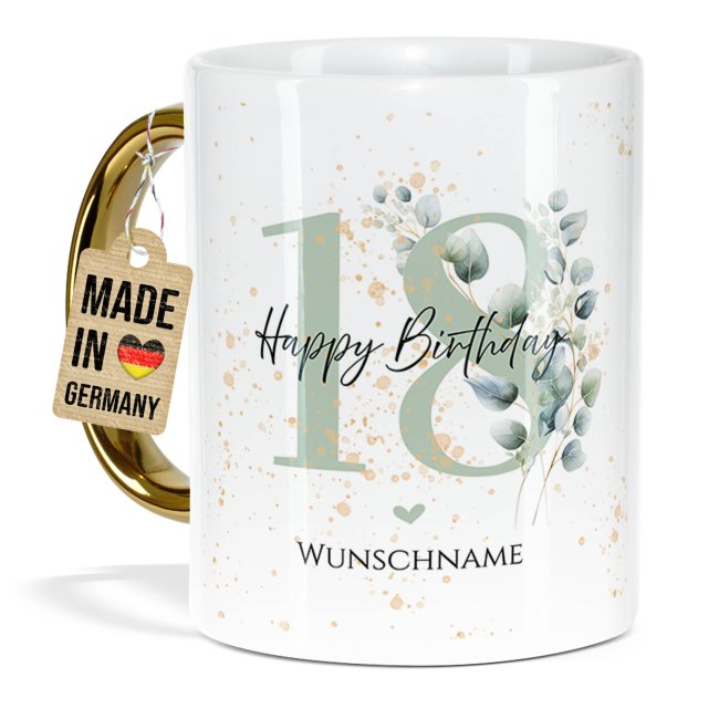 Tasse mit Goldhenkel zum 18. Geburtstag - Mit Name - Happy Birthday