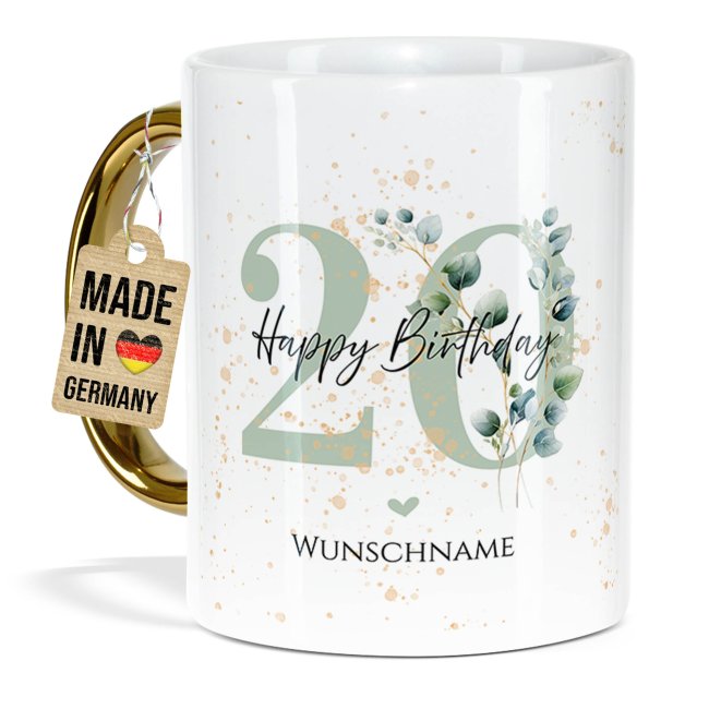 Tasse mit Goldhenkel zum 20. Geburtstag - Mit Name - Happy Birthday