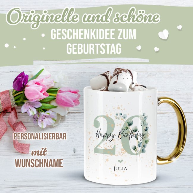 Tasse mit Goldhenkel zum 20. Geburtstag - Mit Name - Happy Birthday