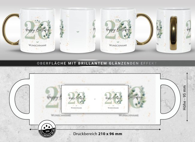 Tasse mit Goldhenkel zum 20. Geburtstag - Mit Name - Happy Birthday