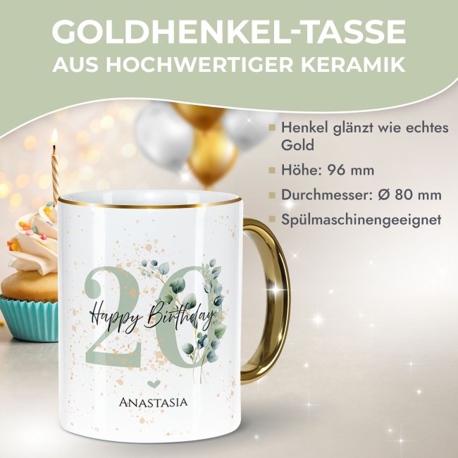 Tasse zum 20. Geburtstag - Mit Name - Happy Birthday - Rand &amp; Henkel Gold