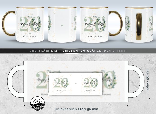 Tasse zum 20. Geburtstag - Mit Name - Happy Birthday - Rand &amp; Henkel Gold