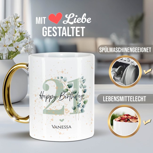 Tasse mit Goldhenkel zum 21. Geburtstag - Mit Name - Happy Birthday