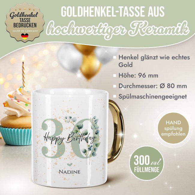 Tasse mit Goldhenkel zum 30. Geburtstag - Mit Name - Happy Birthday