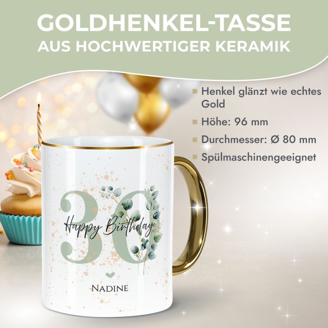 Tasse zum 30. Geburtstag - Mit Name - Happy Birthday - Rand &amp; Henkel Gold