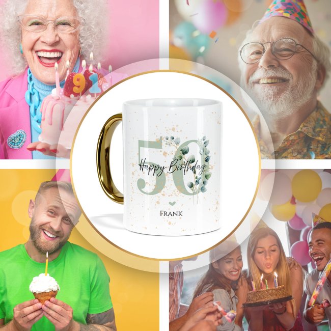 Tasse mit Goldhenkel zum 50. Geburtstag - Mit Name - Happy Birthday