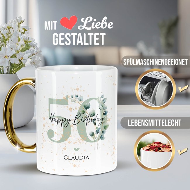 Tasse mit Goldhenkel zum 50. Geburtstag - Mit Name - Happy Birthday