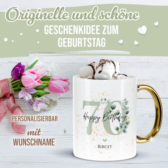 Tasse mit Goldhenkel zum 70. Geburtstag - Mit Name - Happy Birthday