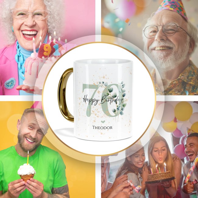 Tasse mit Goldhenkel zum 70. Geburtstag - Mit Name - Happy Birthday