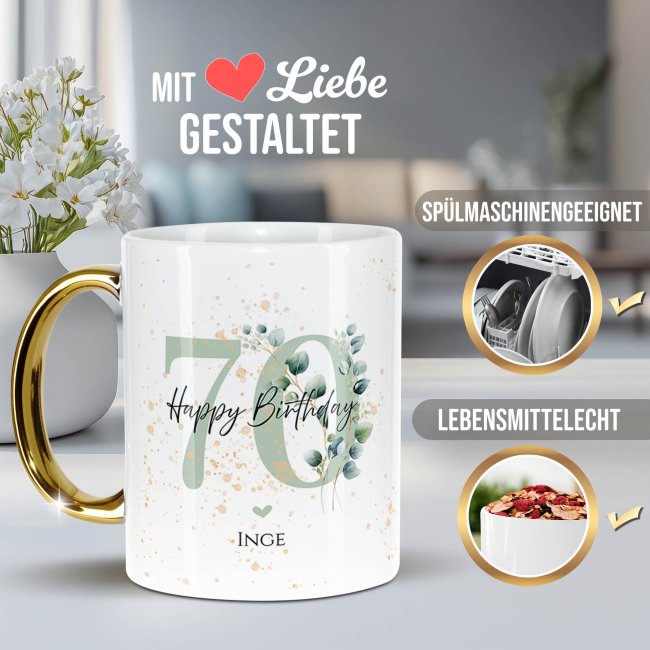 Tasse mit Goldhenkel zum 70. Geburtstag - Mit Name - Happy Birthday