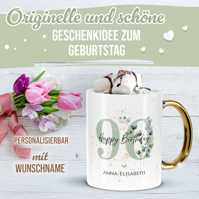 Tasse mit Goldhenkel zum 90. Geburtstag - Mit Name - Happy Birthday
