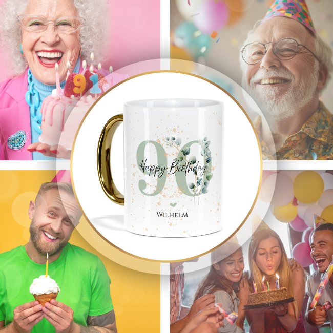 Tasse mit Goldhenkel zum 90. Geburtstag - Mit Name - Happy Birthday