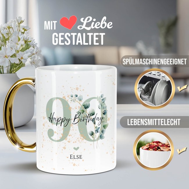 Tasse mit Goldhenkel zum 90. Geburtstag - Mit Name - Happy Birthday