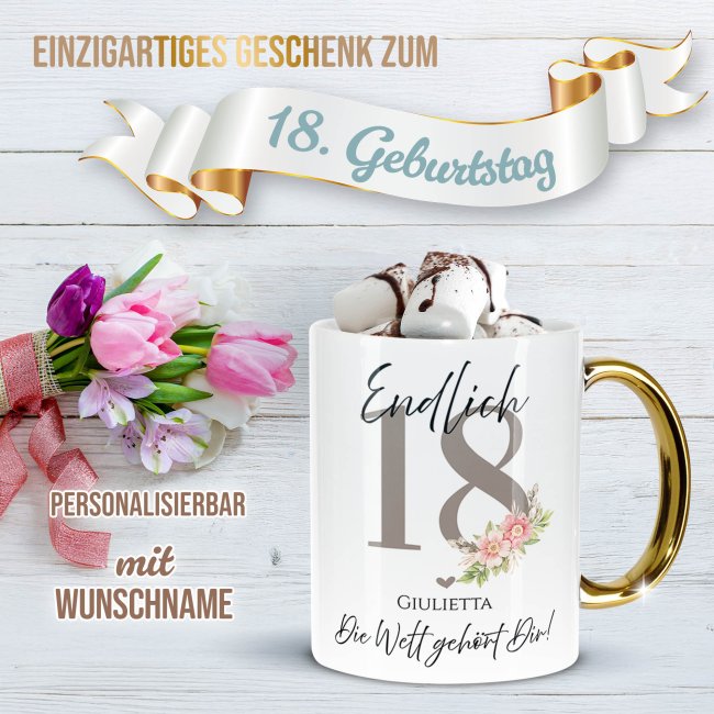 Tasse mit Goldhenkel zum 18. Geburtstag - Mit Name - Die Welt geh&ouml;rt Dir