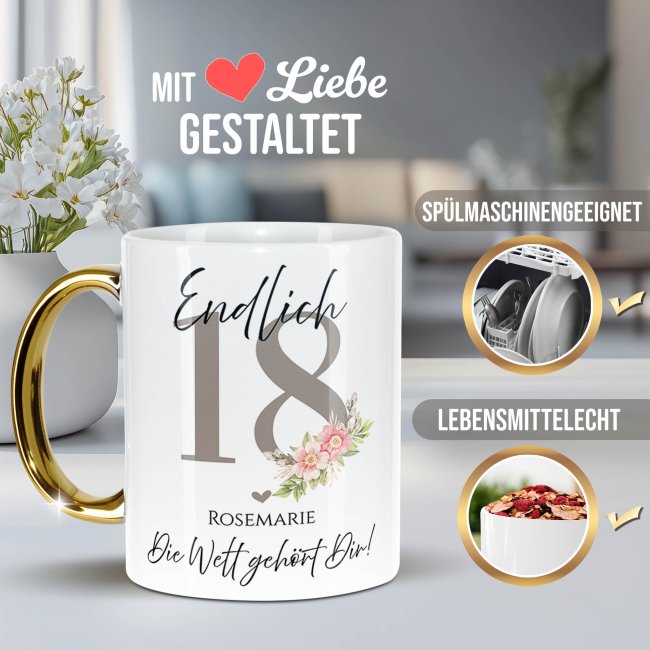 Tasse mit Goldhenkel zum 18. Geburtstag - Mit Name - Die Welt geh&ouml;rt Dir