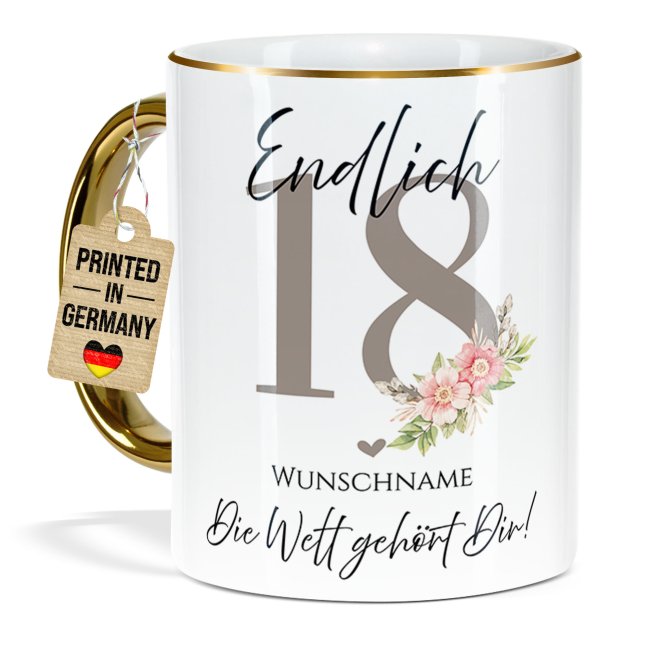 Tasse zum 18. Geburtstag - Mit Name - Die Welt geh&ouml;rt Dir - Rand &amp; Henkel Gold