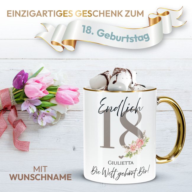 Tasse zum 18. Geburtstag - Mit Name - Die Welt geh&ouml;rt Dir - Rand &amp; Henkel Gold