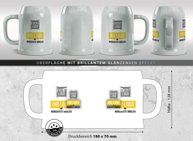 Bierkrug aus Keramik - 500 ml - Grau - ohne Deckel - inkl. Druck - Druckbereich 215 x 70mm