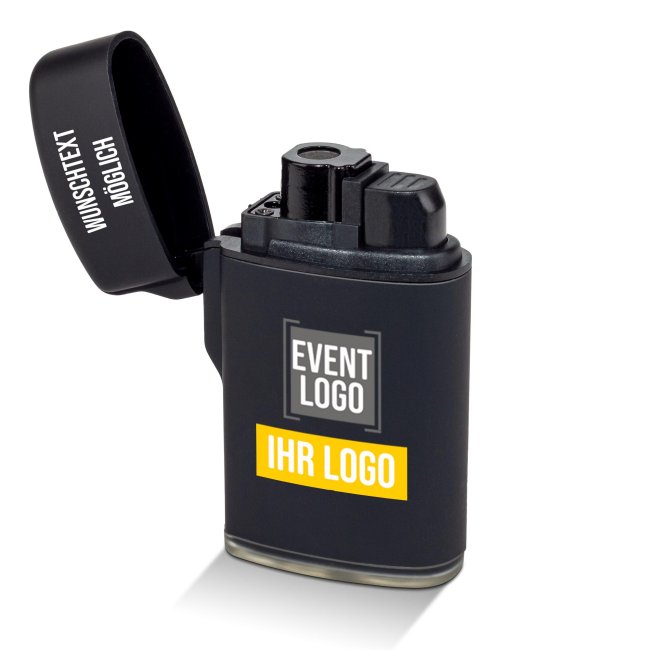 Sturmfeuerzeug schwarz-matt mit Logo und Wunschtext