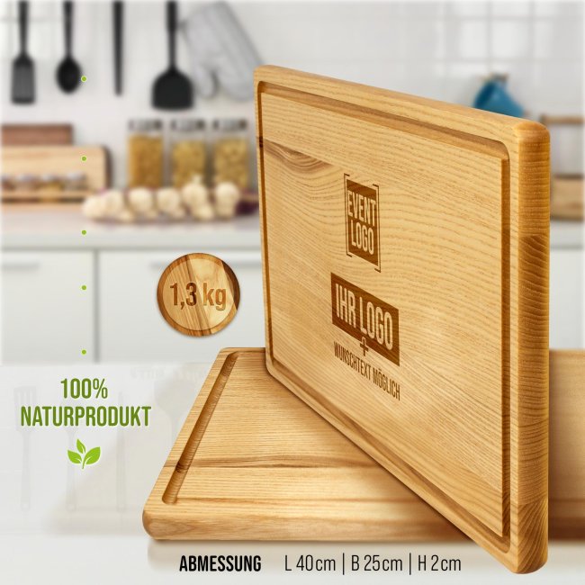 Gro&szlig;es Schneidebrett - Ge&ouml;lte Kernesche - mit Saftrille - 40 x 25 cm