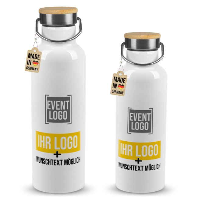 Trinkflasche aus Edelstahl mit Bambusdeckel - Wei&szlig;