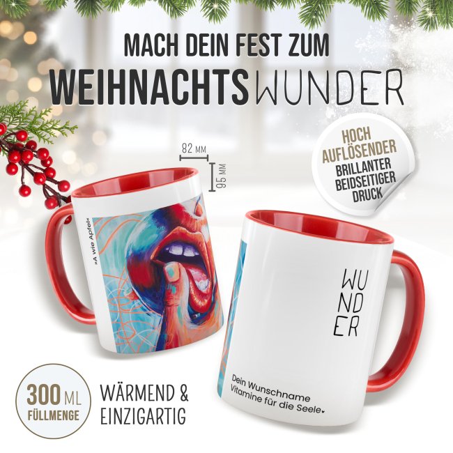 Weihnachtstasse - WeihnachtsWUNDER - A wie Apfel - mit Name - Innen &amp; Henkel Rot