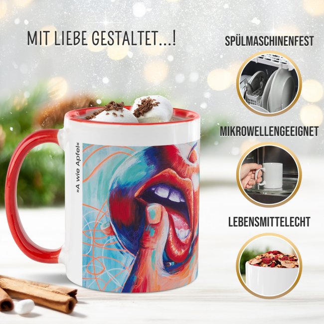 Weihnachtstasse - WeihnachtsWUNDER - A wie Apfel - mit Name - Innen &amp; Henkel Rot