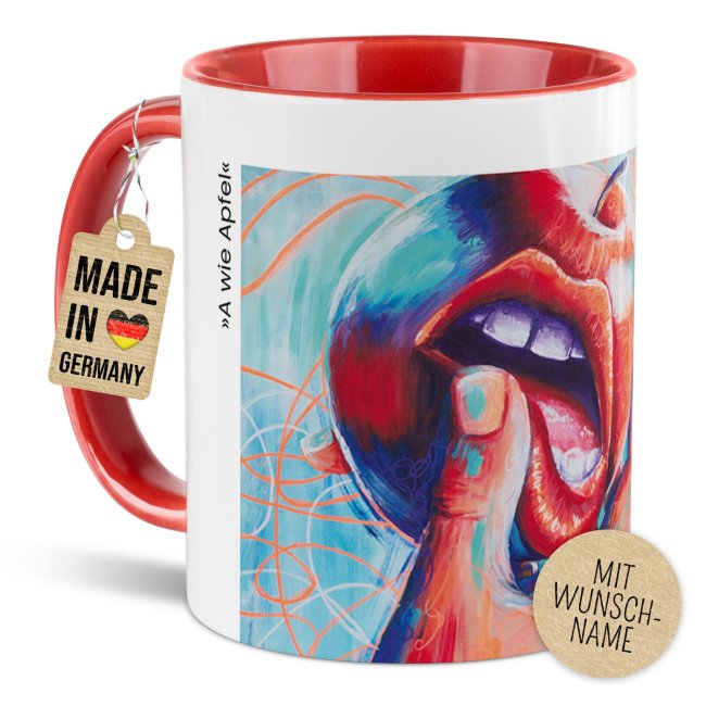 Weihnachtstasse - WeihnachtsWUNDER - A wie Apfel - mit Name - Innen &amp; Henkel Rot