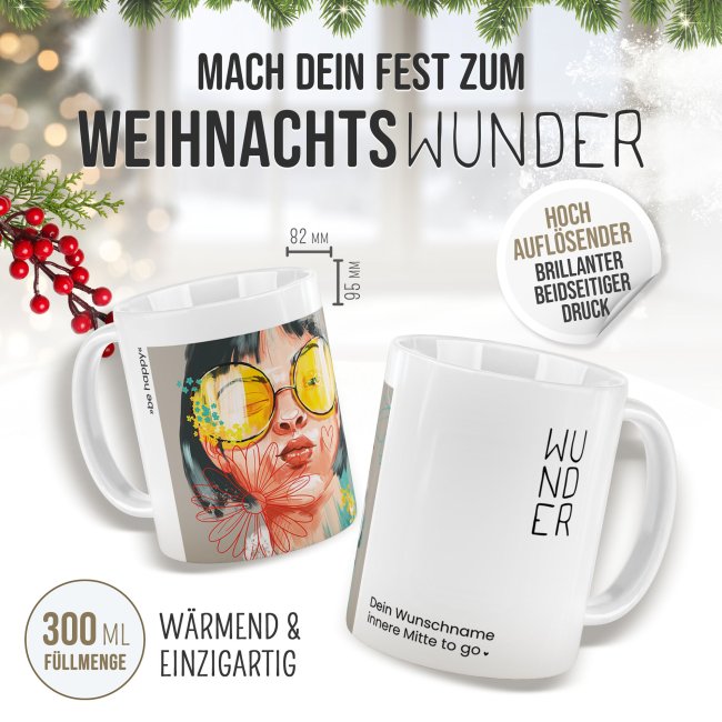 Weihnachtstasse - WeihnachtsWUNDER - be happy - mit Name - Wei&szlig;