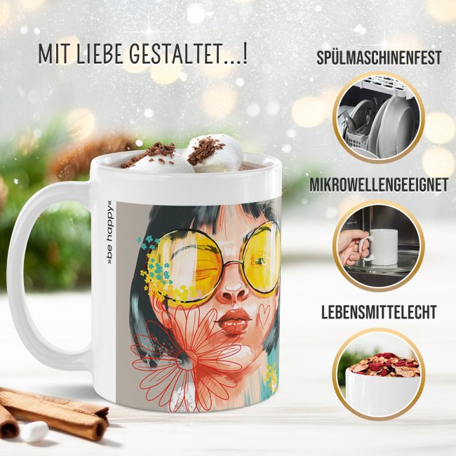 Weihnachtstasse - WeihnachtsWUNDER - be happy - mit Name - Wei&szlig;