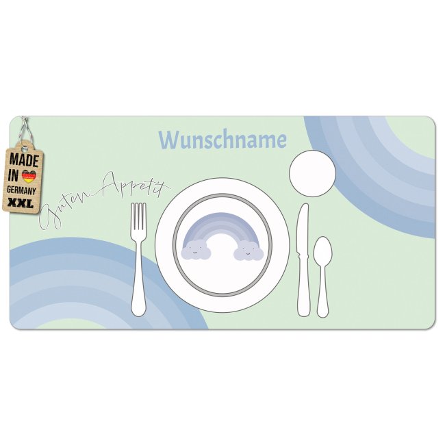 Tischset f&uuml;r Kinder - Regenbogen blau - mit Name - 2 Gr&ouml;&szlig;en