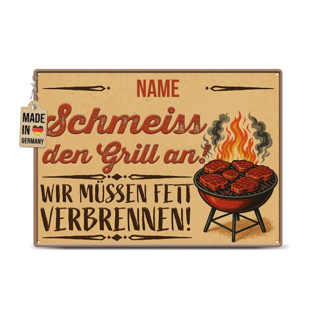 Outdoorschild Grillen - Schmei&szlig; den Grill an - mit Name - in 2 Gr&ouml;&szlig;en