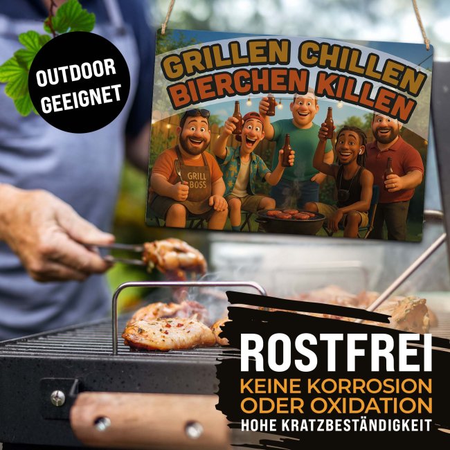 Outdoorschild Grillen - Grillen Chillen, Bierchen killen  - 28x20 cm