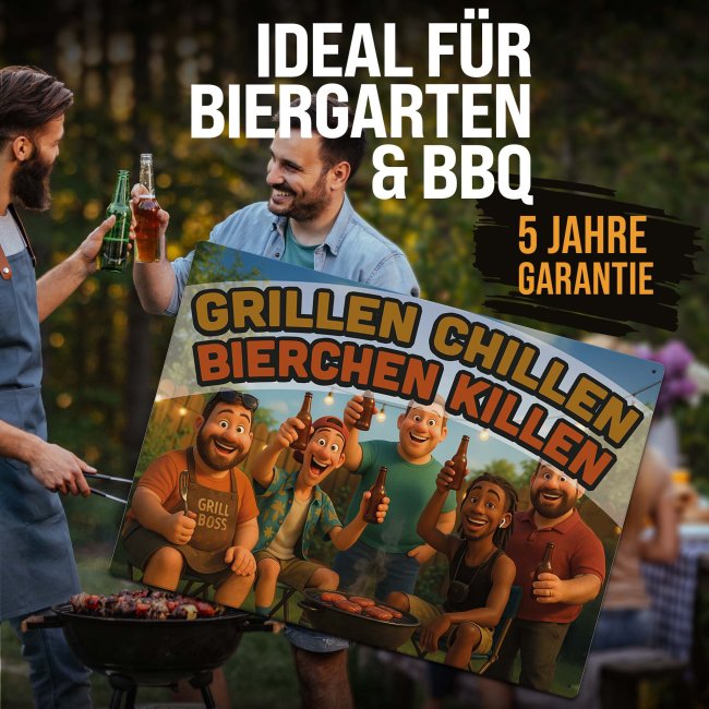 Outdoorschild Grillen - Grillen Chillen, Bierchen killen  - 28x20 cm