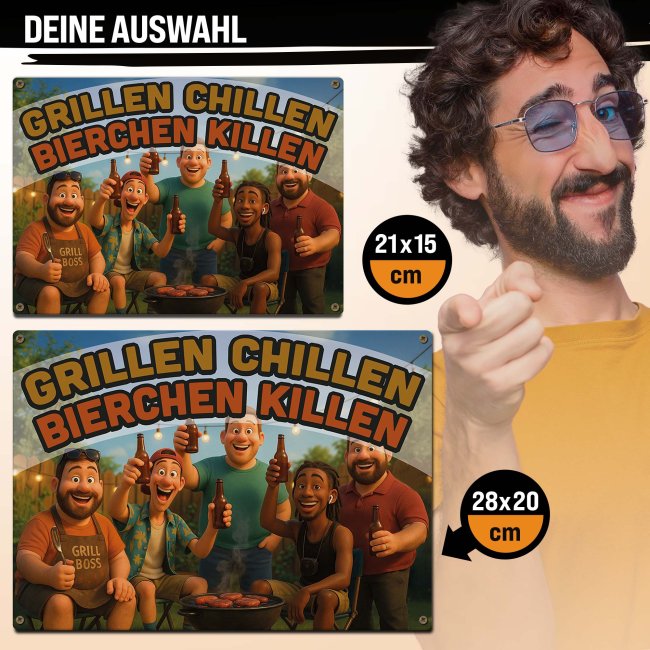 Outdoorschild Grillen - Grillen Chillen, Bierchen killen  - 28x20 cm