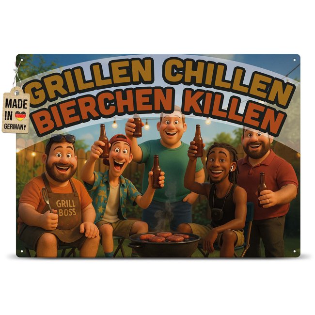 Outdoorschild Grillen - Grillen Chillen, Bierchen killen  - 28x20 cm